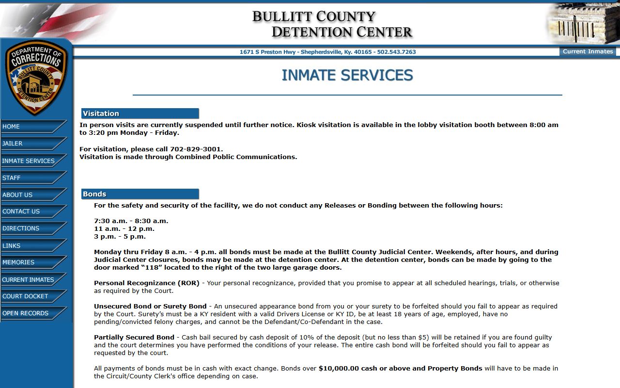 Bullitt County inmate records visitation and inmate services