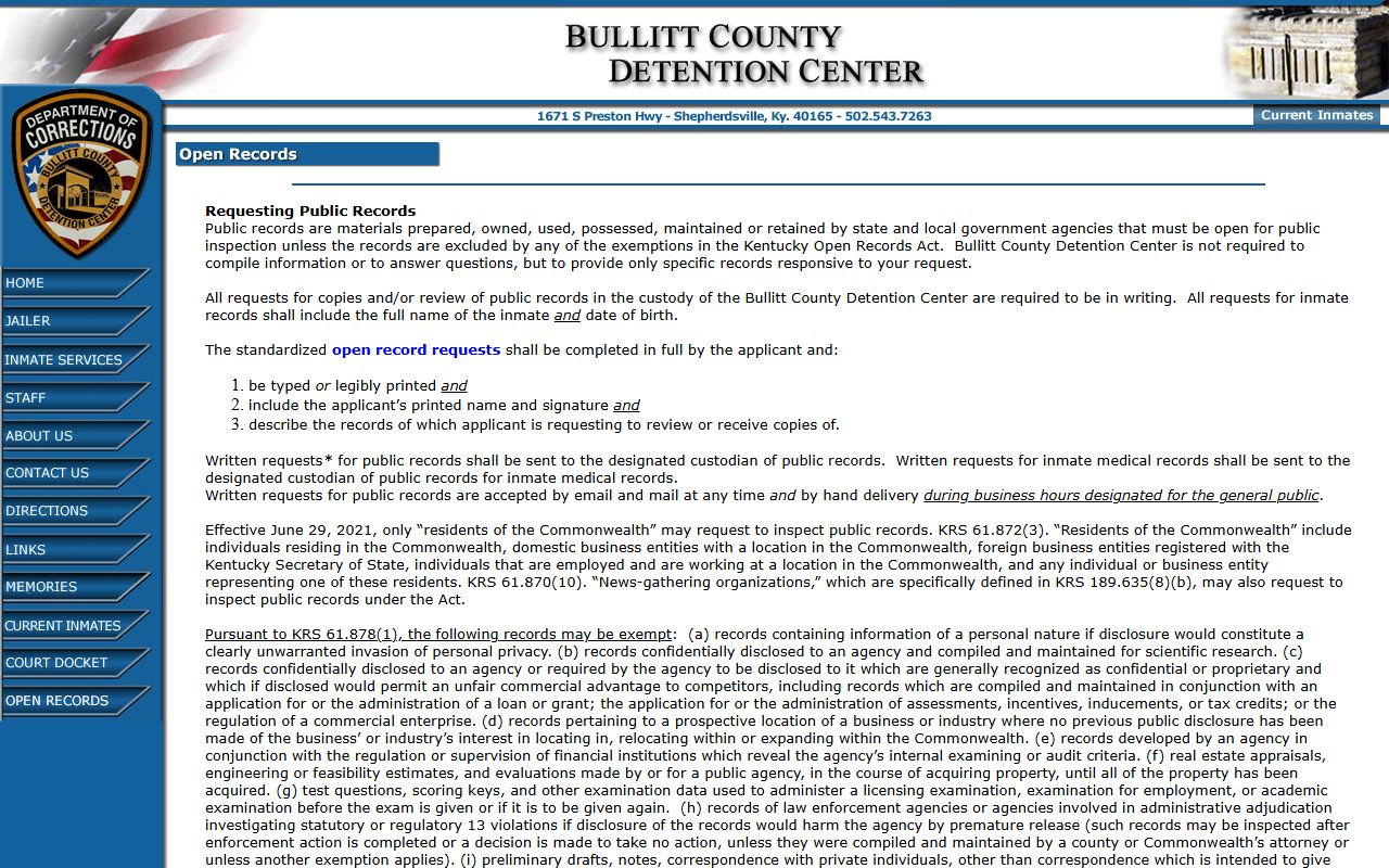 Bullitt County jail mugshots open records request process